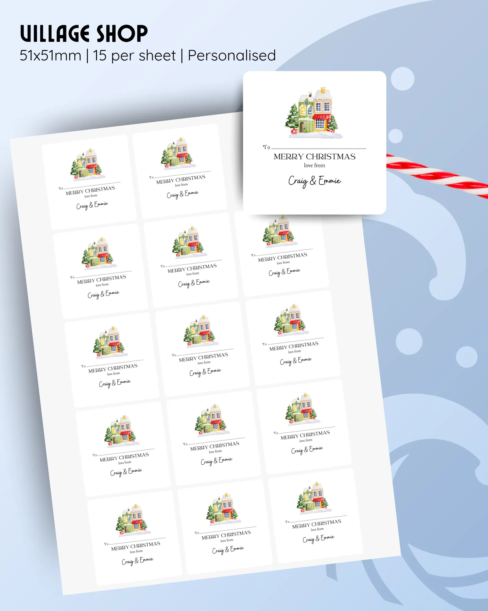 51x51mm personalised Christmas stickers featuring a festive shop, 15 per sheet