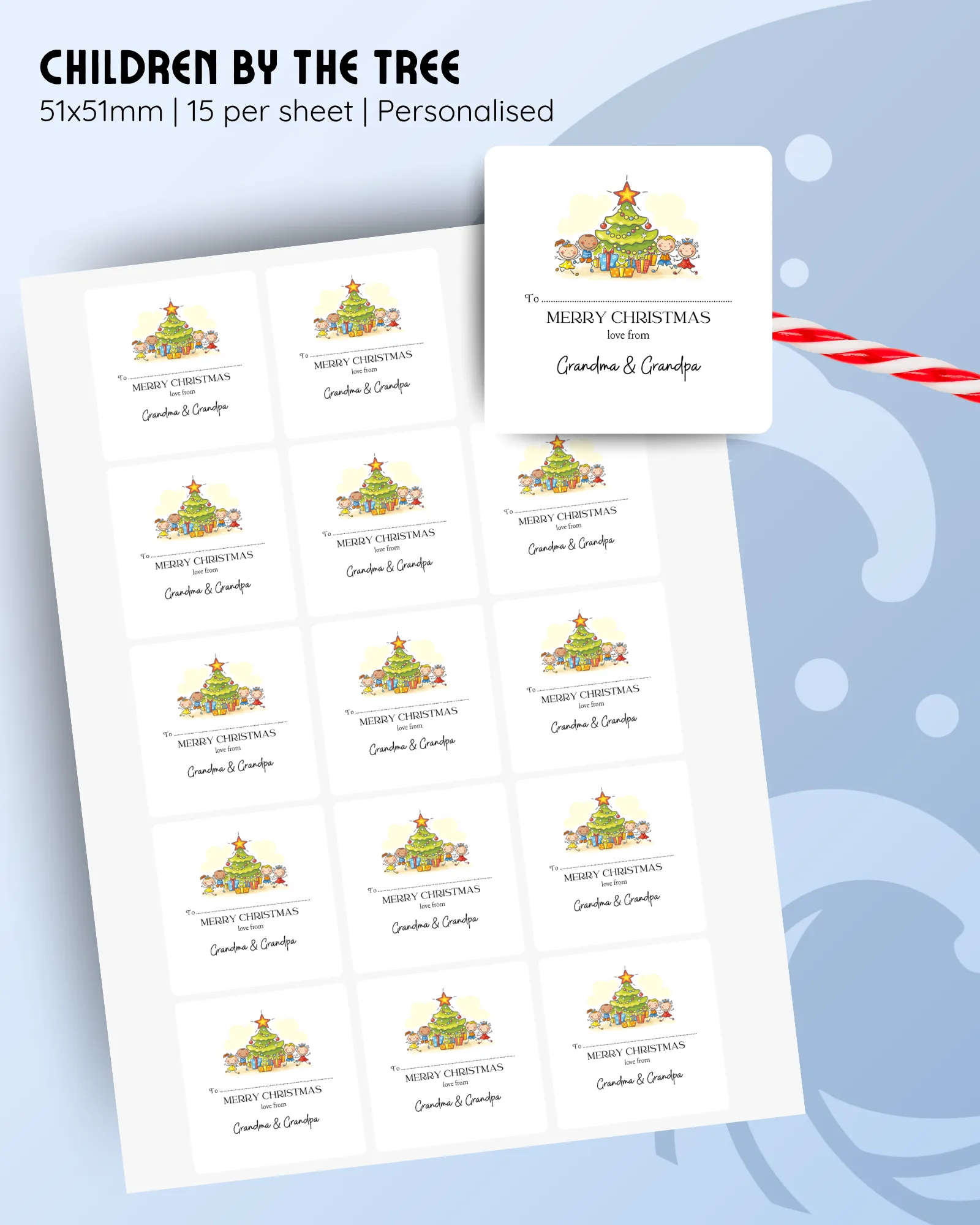 51x51mm personalised gift stickers with children by a decorated Christmas tree, 15 per sheet