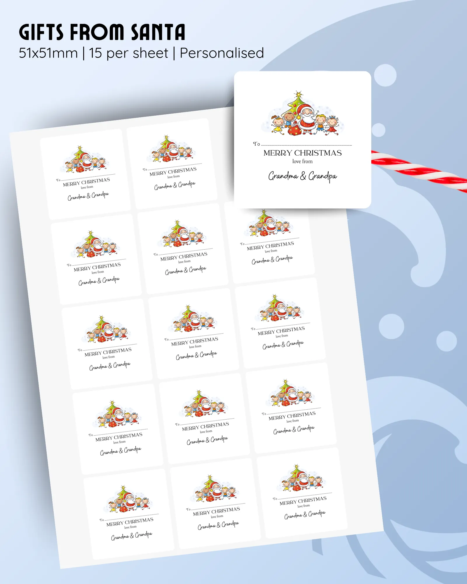 51x51mm personalised stickers with Santa surrounded by children and gifts, 15 per sheet
