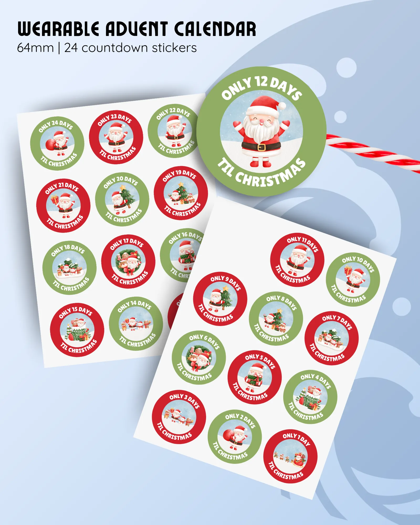 Wearable advent calendar stickers, 64mm circle stickers, 24 countdown stickers, red and green Christmas designs