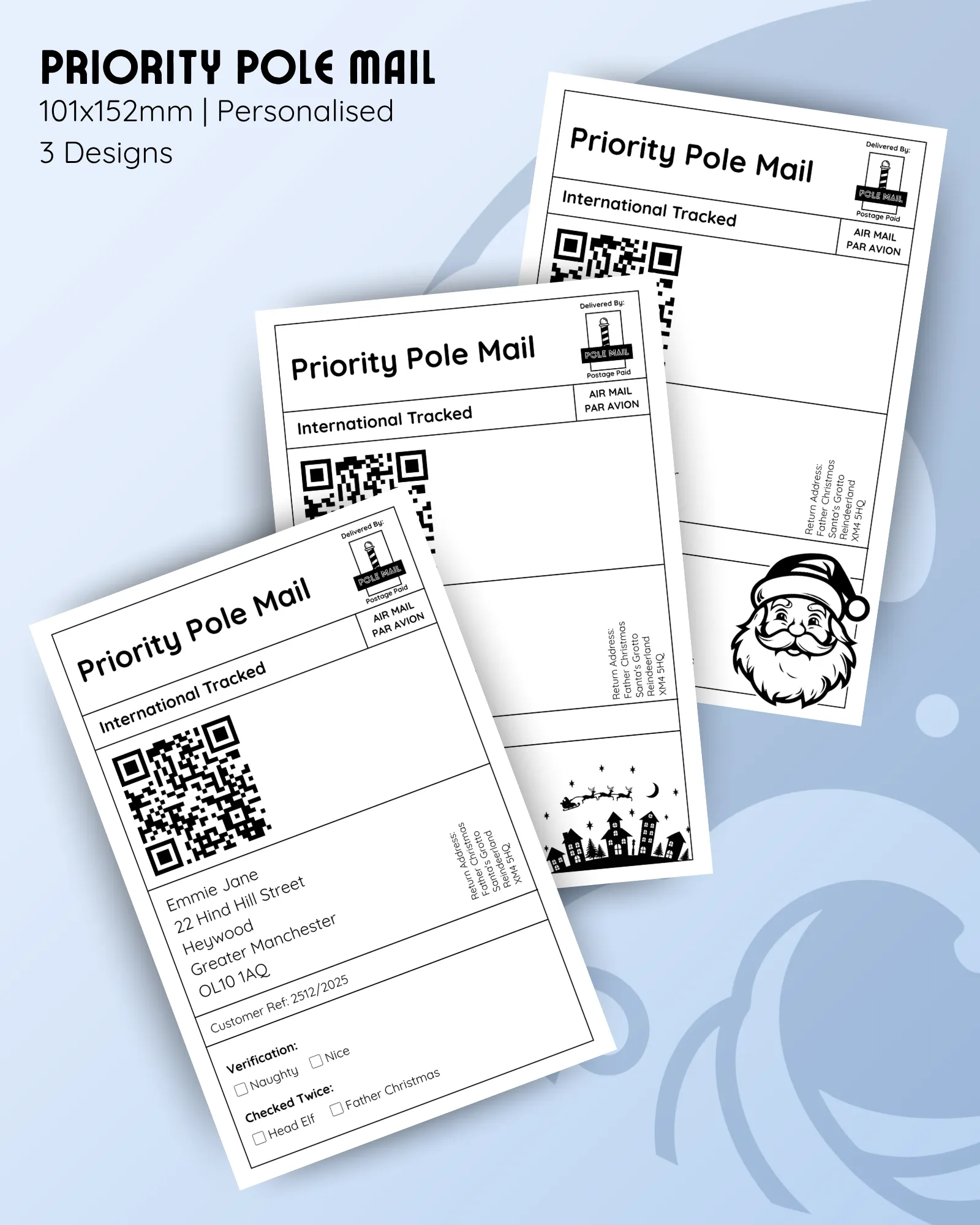 Priority pole mail labels, 101x152mm personalised shipping style labels, three Santa mail designs