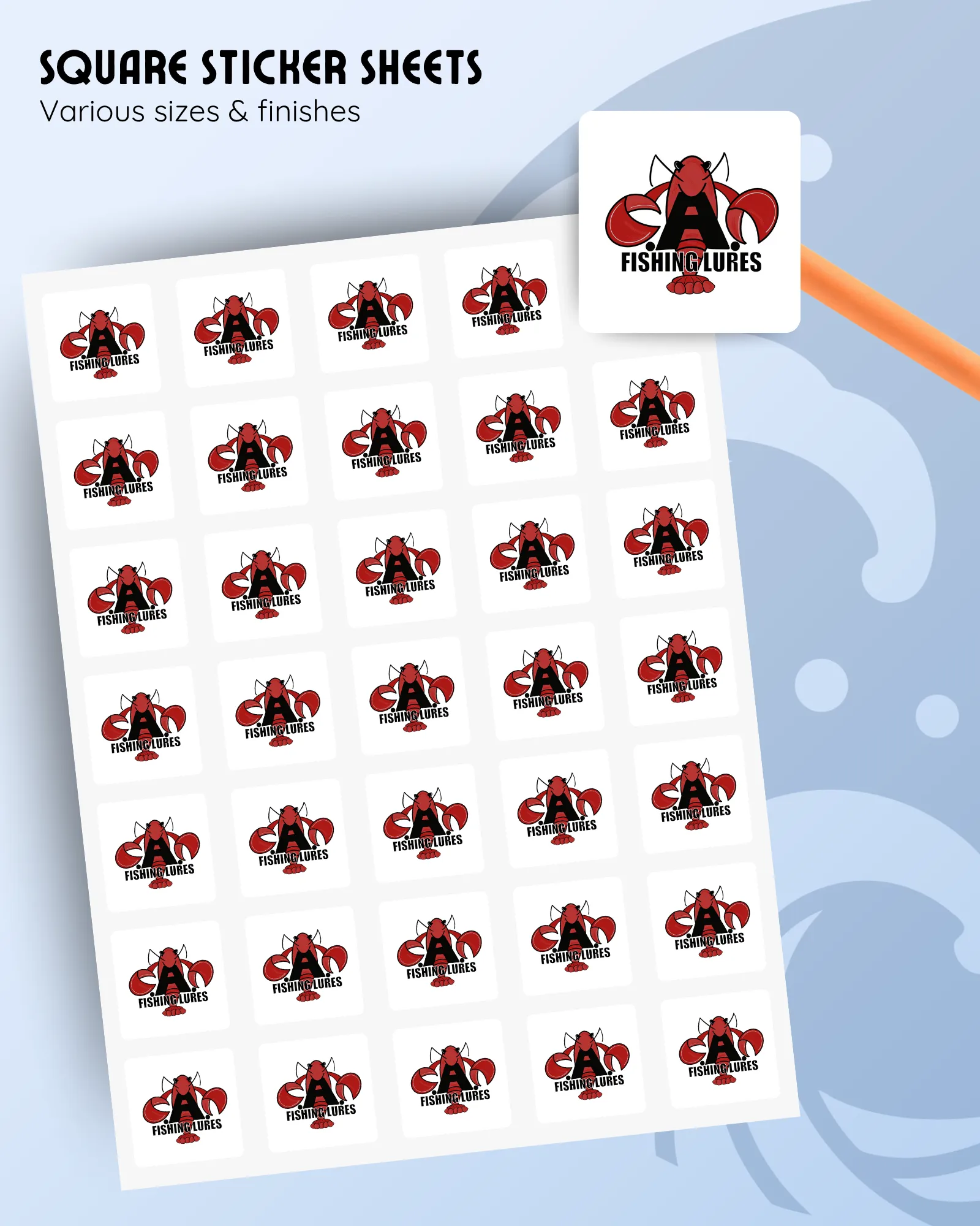 custom square sticker sheets featuring an example of a customer logo