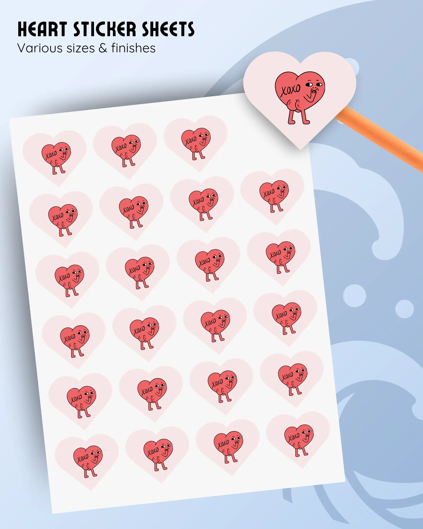 custom heart sticker sheets featuring an example of a customer design