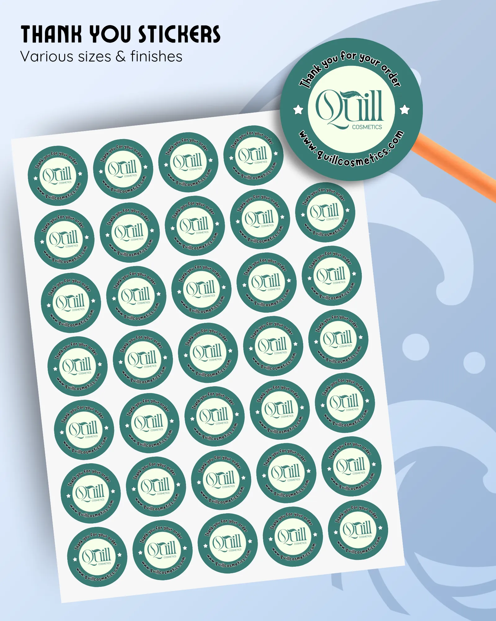 thank you sticker sheets, customisable with a logo and website