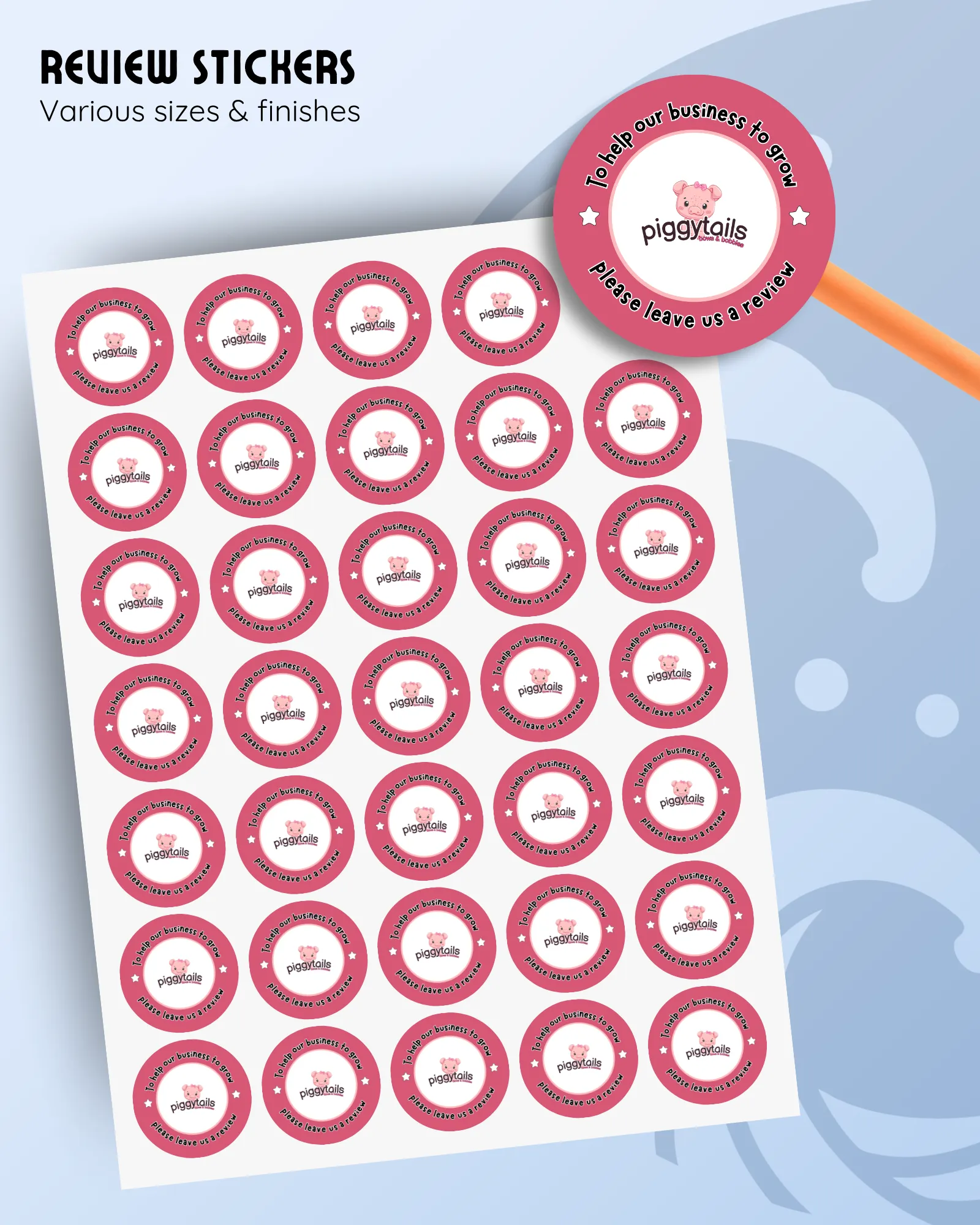 review sticker sheets, customisable with a logo and website