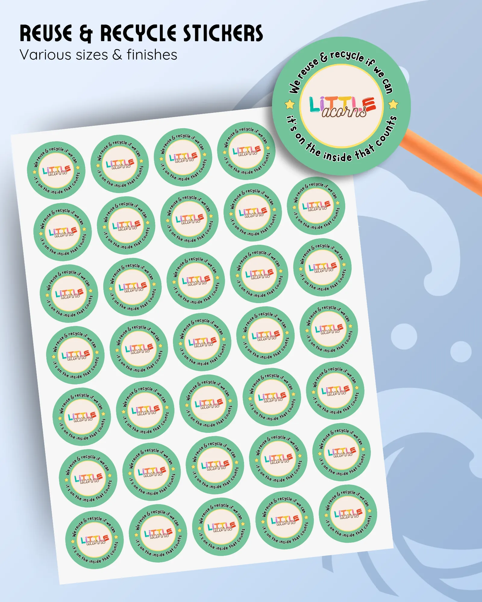 reuse & recycle sticker sheets, customisable with a logo and website
