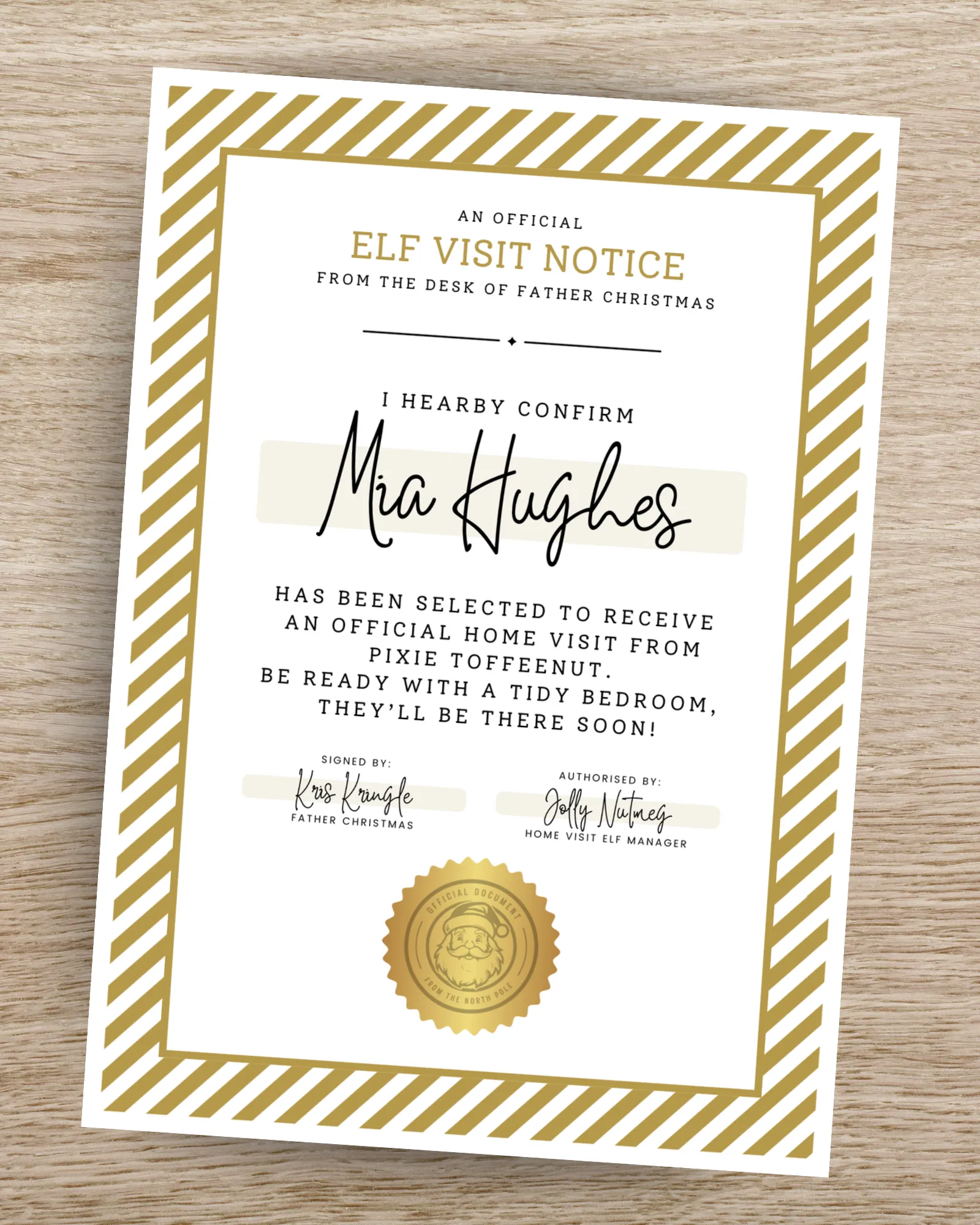 Personalised Elf Visit Notice Certificate